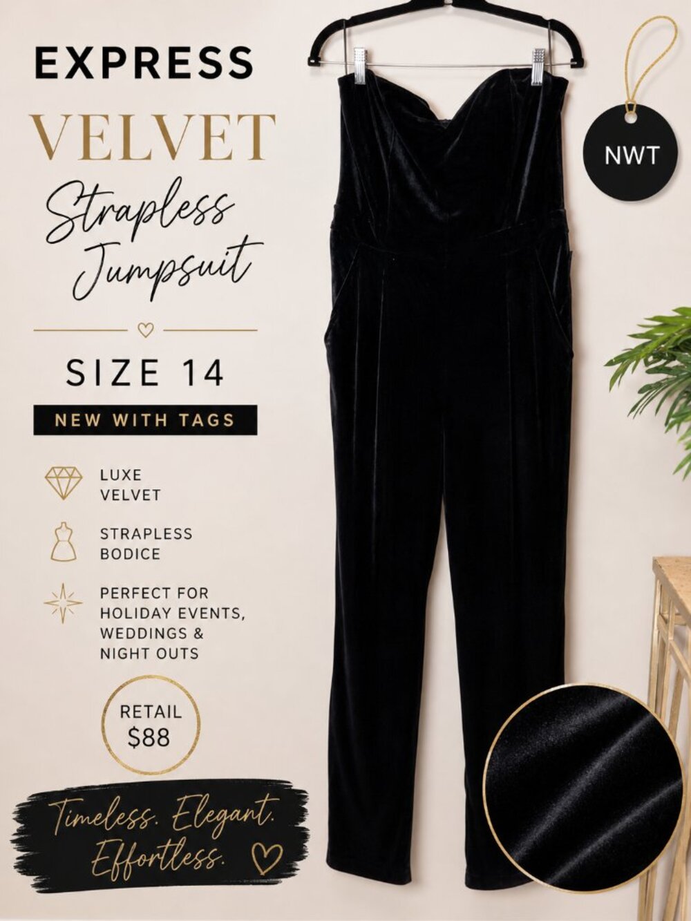 NWT Express Black Velvet Strapless Jumpsuit Size 14 Wide Leg Holiday Party Glam